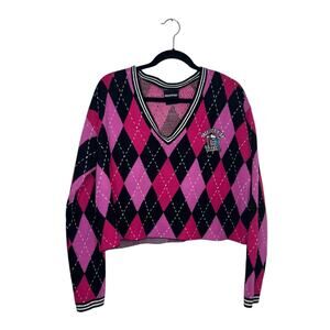 Hot Topic Monster High Pink Black Argyle Cropped V Neck Sweater Size Medium
